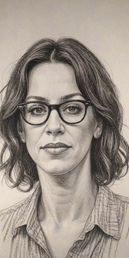Captivating Alanis Morissette, pencil sketch, portrait of Wonderful woman 1932s in glasses, hair style beatnik, outline, clear lines, fine lines, 8k