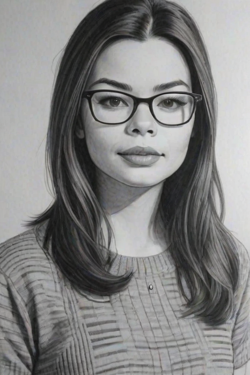 Superb Miranda Cosgrove, pencil sketch, portrait of Fascinating woman 1958s in glasses, hair style beatnik, outline, clear lines, fine lines, 8k