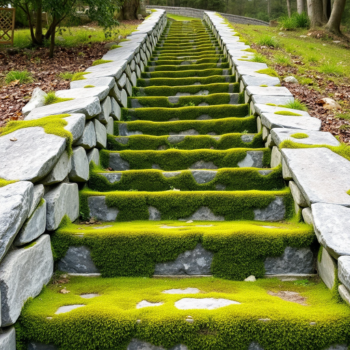 a set of weathered stone stairs covered in green moss and small plants, leading upwards in a natural outdoor setting with soft lighting