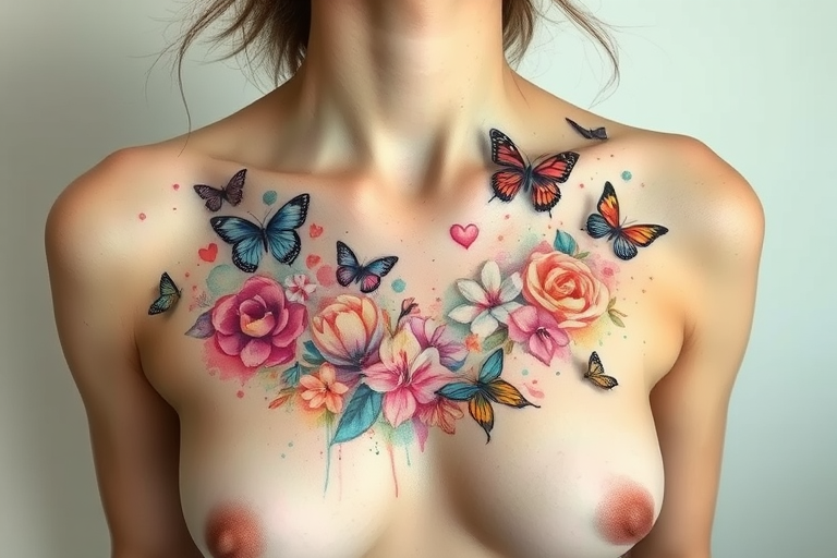 Whimsical watercolor body tattoo of abstract flowers and butterflies scattered across the collarbone and shoulders, blending soft pastels with vibrant splashes of color