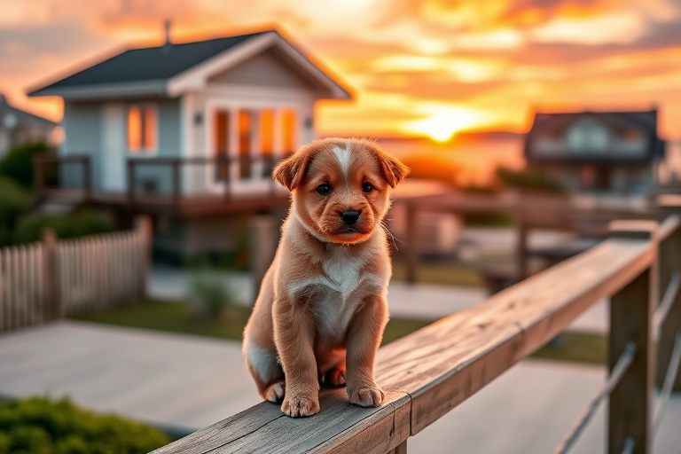 regenerate an image of a cute puppy sitting on a wooden railing in front of a seaside house during sunset with vibrant colors, use a Canon EOS R5 camera with 50mm f/1.2 lens, aperture set to f/1.2, ISO 100, shutter speed 1/200s, soft focus style to enhance image quality and detail