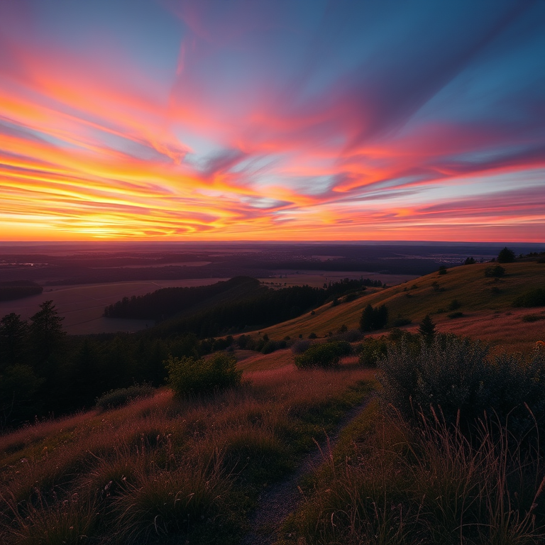 create a high-resolution image of a serene landscape at sunset with vibrant colors in the sky, using a DSLR camera set to ISO 100, aperture f/8, shutter speed 1/125 sec, captured from a wide-angle view with a 24mm lens for enhanced depth and clarity