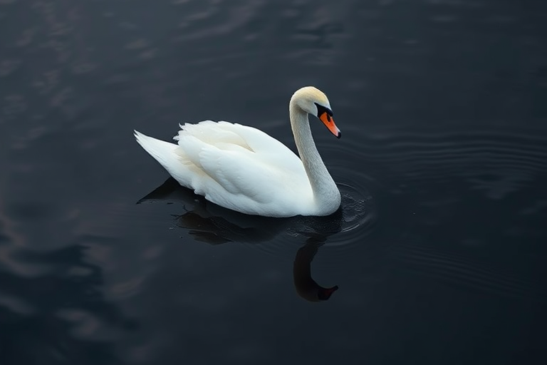 A serene white swan gliding across a dark water surface with a clear reflection, captured in high detail with a Canon EOS 5D Mark IV, 50mm lens, aperture f/2.8, shutter speed 1/500s, ISO 100, natural light, and a focus on soft textures and contrasts.