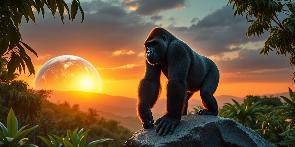 A majestic gorilla standing on a rock in a lush jungle with a vibrant Earth in the background during sunrise, captured with a Canon EOS R5, 50mm lens, f/1.8, ISO 100, 1/200 sec, wide-angle view, HDR photography style for enhanced details and colors.