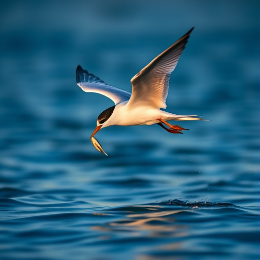 A high-resolution image of a tern in flight, catching a fish above a calm blue water surface, photographed at dawn with a Canon EOS-1D X Mark III, 400mm lens, f/5.6, ISO 800, 1/2000s, soft focus background for depth, emphasizing the bird's detail and motion.