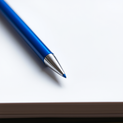 high-resolution image of a blue pen on a white background, 50mm lens, f/2.8 aperture, ISO 100, shot from a 45-degree angle, natural lighting, DSLR camera