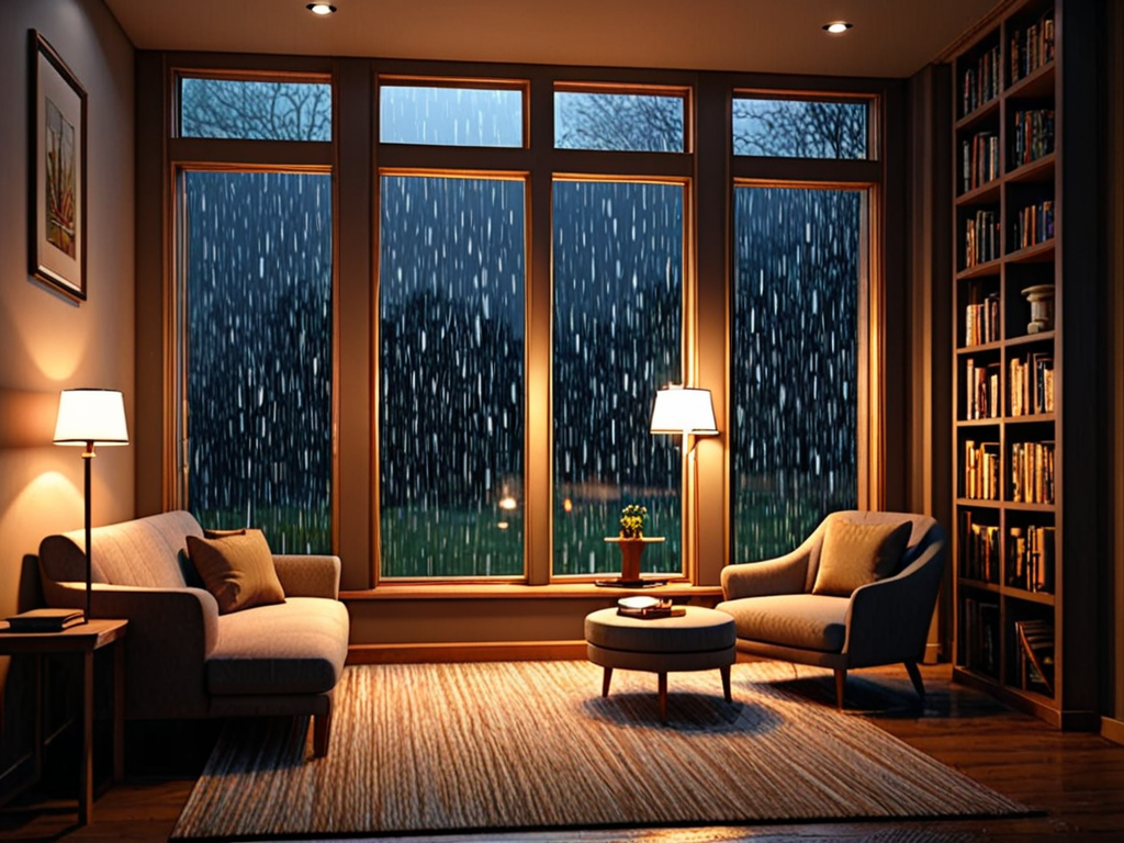 Cozy House Window Raining Heavy Rain On Window outside Cozy Reading Nook Ambience - 3D render ...