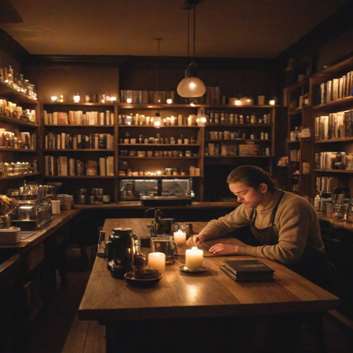 Warmly lit photo of a cozy cafeinterior with soft candlelight reflecting off wooden tables, a barista making coffee in the background, and bookshelves lining the walls.