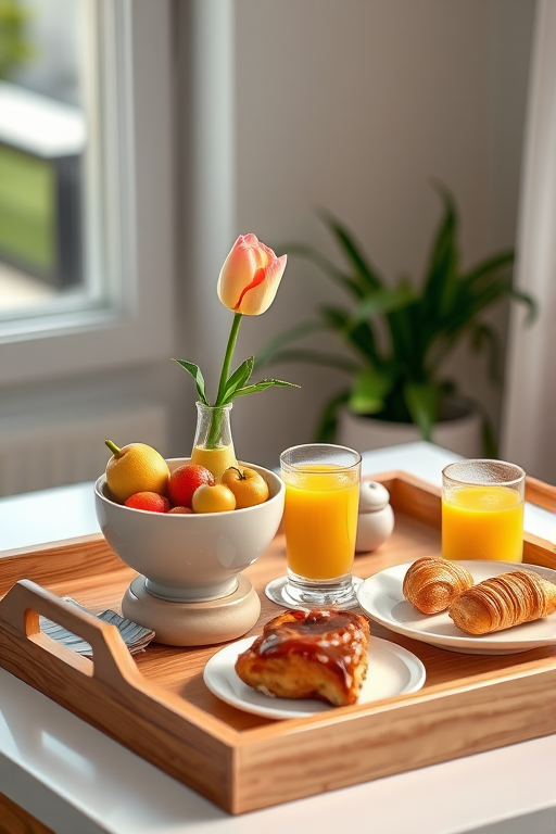 Create a high-resolution image of a wooden breakfast tray set on a surface, featuring a vase with a tulip, a bowl of fruit, a glass of orange juice, and a plate of pastries, captured with a DSLR camera, 50mm lens, f/1.8 aperture, ISO 100, natural lighting, shallow depth of field for a soft background blur.
