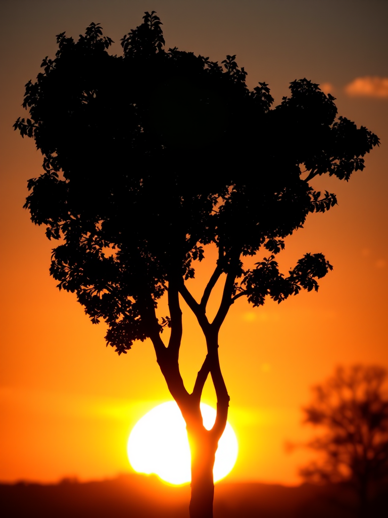 Create a high-quality image of a silhouette of a tree against a sunset background with vibrant colors; use a DSLR camera, aperture f/8, ISO 100, shutter speed 1/200s, shot in landscape orientation, with a focus on depth and contrast.