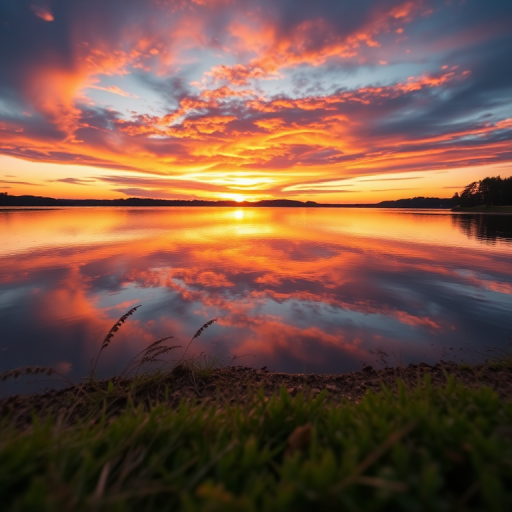 Create a high-resolution image of a colorful sunset over a serene lake with reflections in the water, using a DSLR camera with a 50mm lens, aperture set to f/8, ISO 100, and a slow shutter speed of 1/30 seconds, shot from a low angle to capture the foreground with a focus on vibrant colors and clarity.