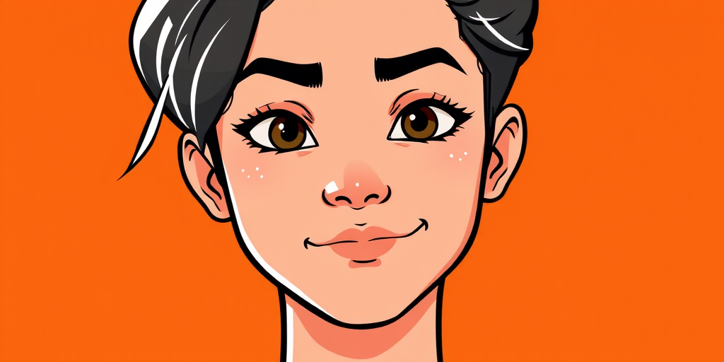 Create a digital illustration of a confident person with a neutral expression, featuring an orange backdrop and a stylized design; use a 50mm lens, f/2.8 aperture, ISO 100, and soft lighting to enhance the image quality.