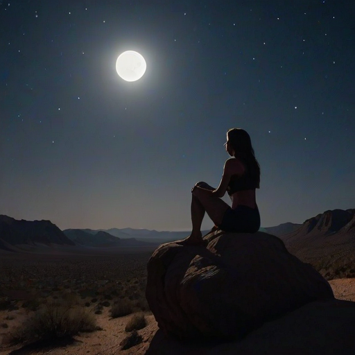 Desert landscape under a full moon, the stars twinkling brightly overhead, a woman sits on a rock, staring up at the vast night sky, her silhouette illuminated by the moonlight.