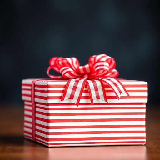 Create a high-resolution image of a gift box with vibrant red and white horizontal stripes and a checkered red ribbon bow, using a DSLR camera, 50mm lens, aperture f/2.8, ISO 100, and a soft focus background to enhance the visual appeal.