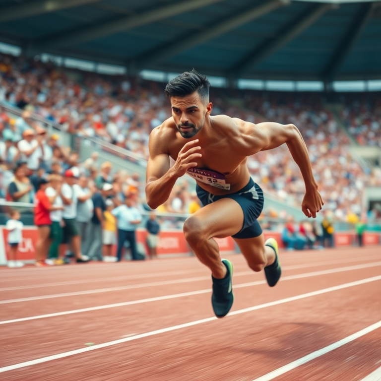 A close-up action shot of a muscular athlete sprinting on a track, captured with a Canon EOS R5, 50mm lens, f/1.8 aperture, ISO 100, 1/1000 sec shutter speed, with vibrant colors and dynamic motion blur, showcasing intense concentration and determination in a stadium filled with cheering spectators.
