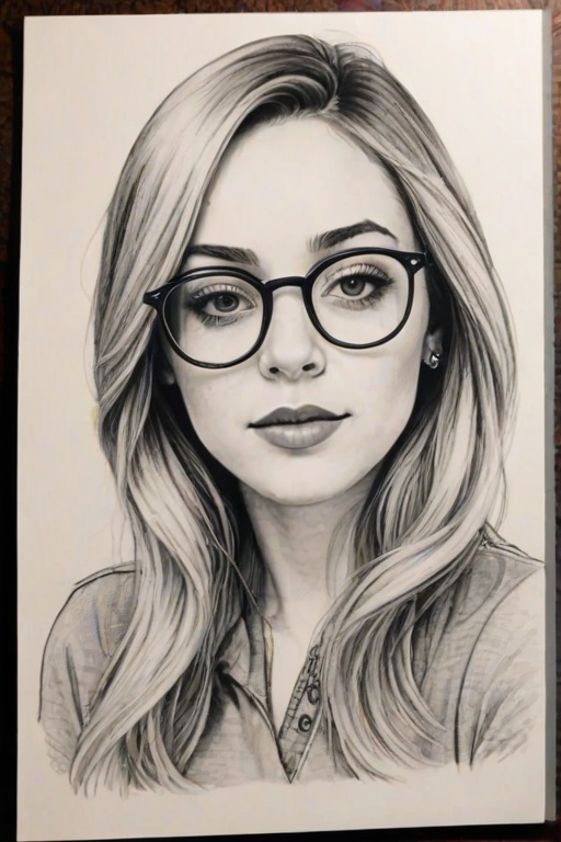 Dazzling Brandi Cyrus, pencil sketch, portrait of Beauteous woman 1975s in glasses, hair style beatnik, outline, clear lines, fine lines, 8k