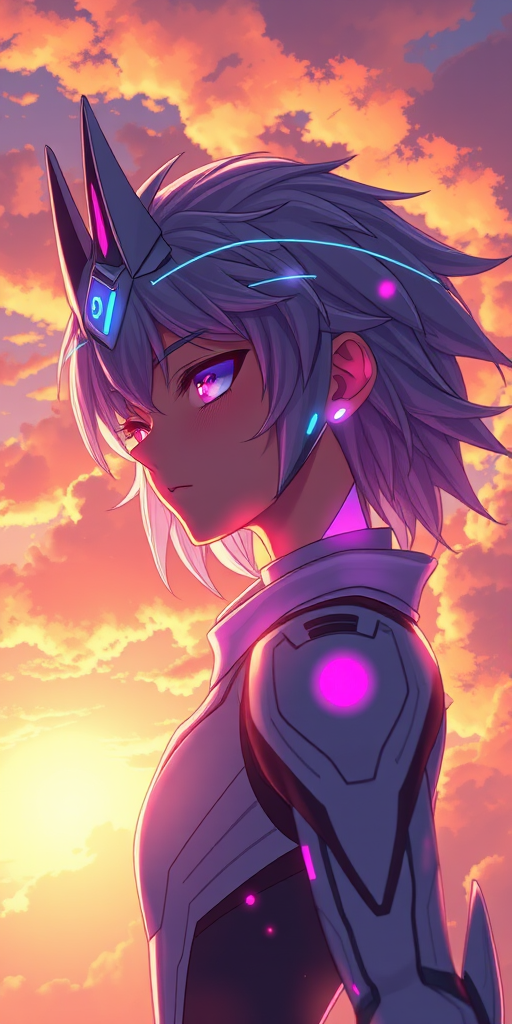 Create a highly detailed digital illustration of a futuristic character with an ethereal glow, backlit by a sunset sky full of dramatic clouds, 50mm lens, f/1.8 aperture, ISO 200, soft focus background for depth, rendered in a high-definition anime style.