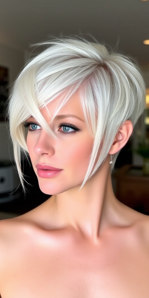 Elegant platinum blonde pixie cut with textured layers and soft wispy bangs, featuring a sleek side-swept fringe and subtle ash-toned lowlights for dimension and depth