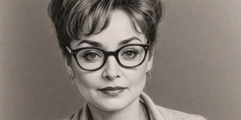 Exquisite Annie Potts, pencil sketch, portrait of Charming woman 1922s in glasses, hair style beatnik, outline, clear lines, fine lines, 8k