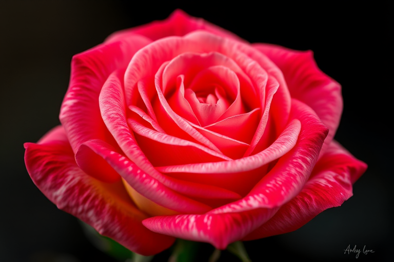 Create a hyper-realistic image of a single rose with intricate details and vibrant colors, captured in a close-up view using a DSLR camera with a 50mm lens, aperture set to f/2.8, ISO 100, and soft studio lighting.