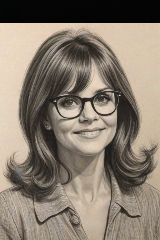 Charming Sally Field, pencil sketch, portrait of Splendid woman 1965s in glasses, hair style beatnik, outline, clear lines, fine lines, 8k