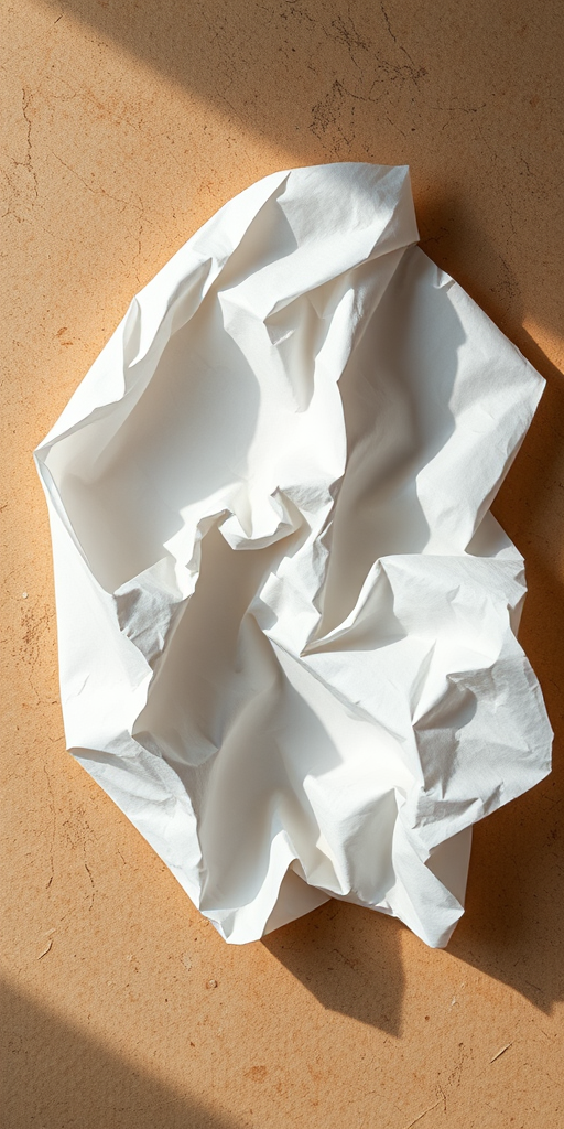 Create an abstract artwork featuring crumpled white paper against a textured, earthy background, focusing on delicate shadow play and light diffusion, shot with a DSLR camera at f/2.8, ISO 100, 1/125 sec, in a close-up view to enhance details and create a soft bokeh effect.