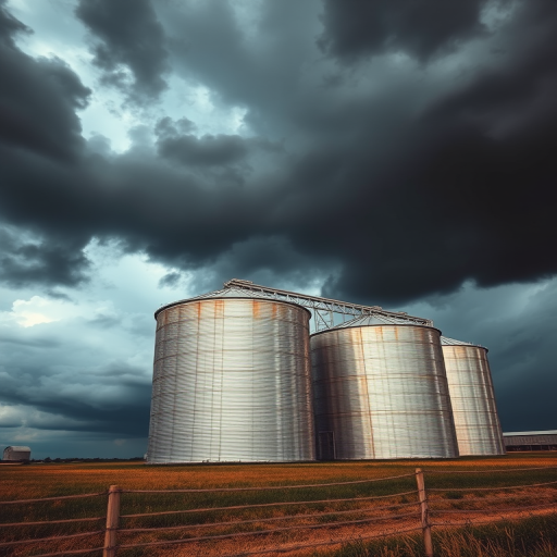 capture a dramatic view of large silver silos against a stormy sky, emphasize the contrast between the silos and dark clouds, use a wide-angle lens f/8, ISO 100, shutter speed 1/250s, shot from ground level to include foreground details with a DSLR camera