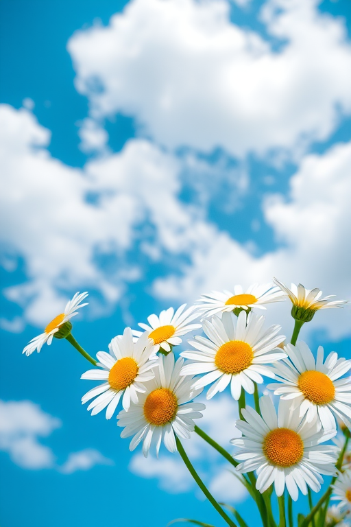 A beautiful bouquet of daisies with yellow centers against a bright blue sky filled with fluffy white clouds, capturing a serene and cheerful atmosphere.