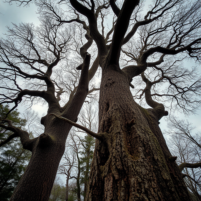 Capture a wide-angle view of trees with thick, gnarled trunks and vibrant, intricate branches against a moody sky, using a DSLR camera with a 50mm lens at f/8, ISO 200, and a slight vignette effect to enhance depth and focus on the textures.