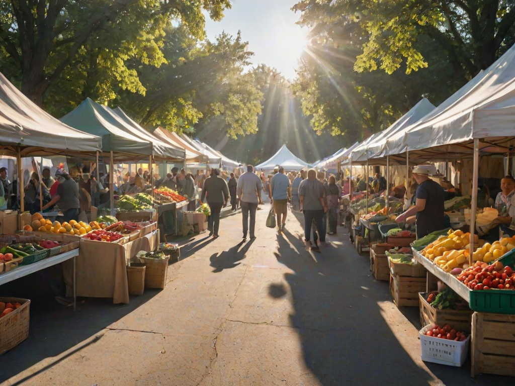 Crisp, early morning photo of a farmer's market, stalls lined with colorful fruits and vegetables, sunlight streaming through gaps in the tents, customers browsing and chatting, soft hum of conversation and the smell of fresh produce in the air.