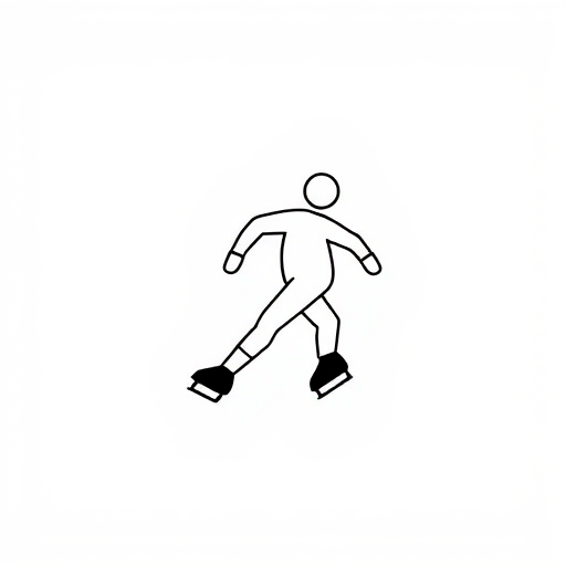 Create a minimalist icon of a figure skating forward, in black and white, with a clean design, using a DSLR camera with a 50mm lens, aperture set to f/1.8 for depth of field, and a slight top-down angle to emphasize motion.