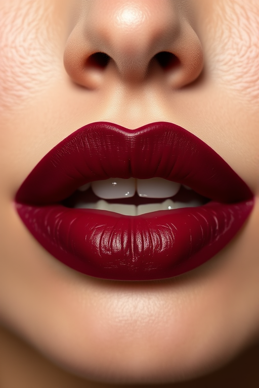 Matte burgundy lips in a classic bow shape, exuding elegance and sophistication, with crisp, well-defined edges and a velvety texture that catches the light beautifully
