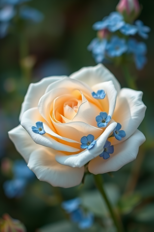 macro shot of a white rose with blue flowers in soft focus background, aperture f/2.8, ISO 100, 50mm lens, natural light, DSLR camera