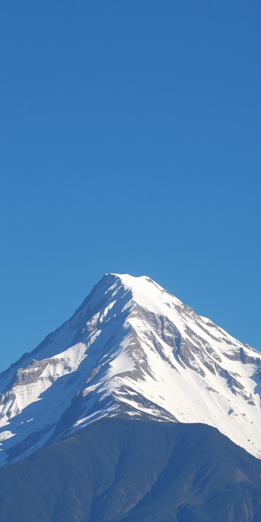 Generate a high-resolution image of a snow-capped mountain peak against a clear blue sky, captured with a DSLR camera at ISO 100, f/8 aperture, 1/250 sec shutter speed, using a wide-angle lens in landscape orientation.