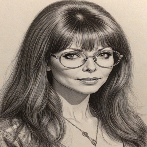 Alluring Cassandra Peterson, pencil sketch, portrait of Stunning woman 1978s in glasses, hair style beatnik, outline, clear lines, fine lines, 8k