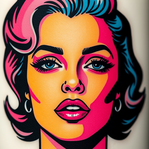 Bold "Pop Art Portrait" tattoo features a striking face rendered in vibrant, contrasting colors reminiscent of Andy Warhol's iconic style. Electric blues, hot pinks, and canary yellows create a eye-catching design, while thick black outlines add definition and drama. This modern and graphic piece is perfect for those who want to make a bold artistic statement.