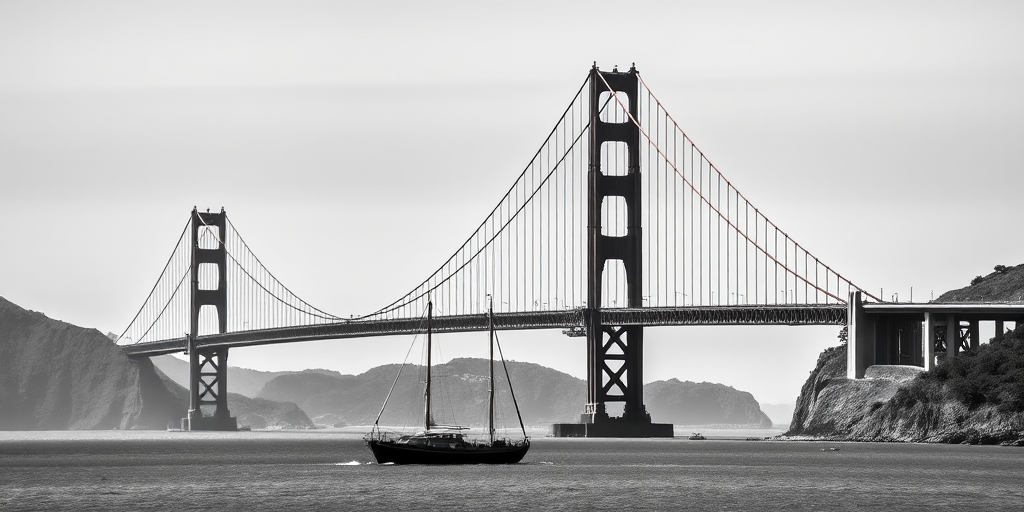 Generate a high-resolution black and white image of the Golden Gate Bridge with a foreground ship and sailboat, using a Canon EOS R5 camera, 24mm lens, f/8 aperture, ISO 200, shutter speed 1/500s, taken from a wide-angle view to capture the details of the bridge and the water.