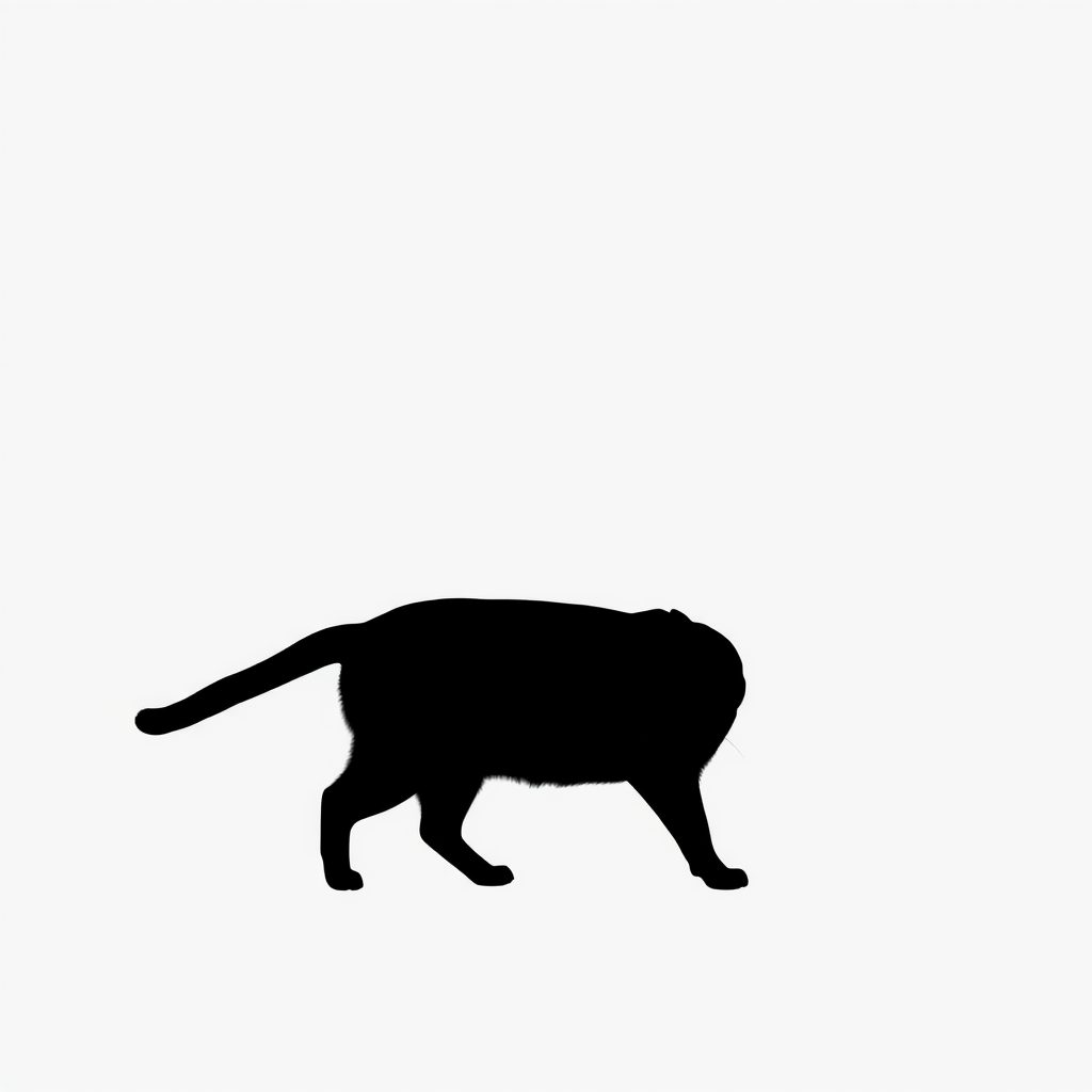 Create an image of a minimalist black cat silhouette against a plain white background, using a DSLR camera, 50mm lens, f/1.8 aperture, ISO 100, 1/125s shutter speed, with a focus on clarity and sharpness.