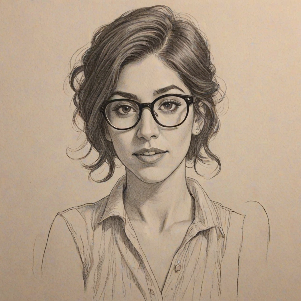 Ravishing Stephanie Beatriz, pencil sketch, portrait of Fetching woman 1929s in glasses, hair style beatnik, outline, clear lines, fine lines, 8k