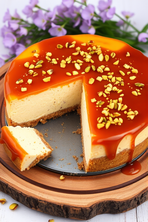 A delicious cheesecake with a glossy caramel topping sprinkled with chopped pistachios on a rustic wooden plate with a slice removed revealing its creamy layers and a crumbly base, surrounded by soft purple flowers in the background.