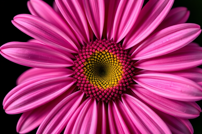 Create a high-resolution close-up image of a pink daisy with detailed petals on a black background, using a DSLR camera, aperture f/2.8, shutter speed 1/200s, ISO 100, top-down view, with macro lens.
