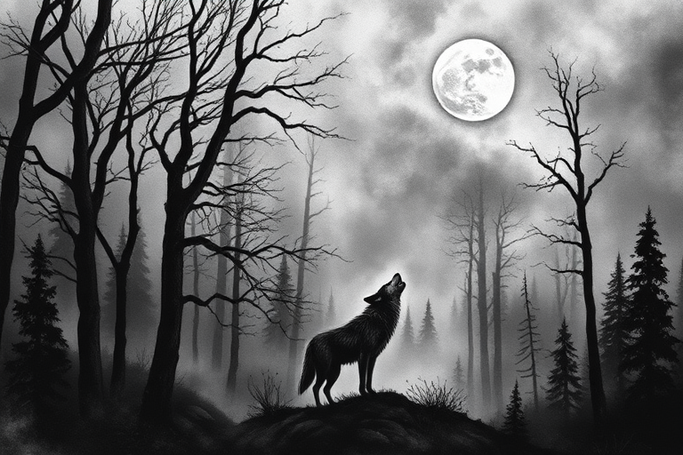 Realistic grayscale tattoo titled "Haunted Forest" depicting a misty woodland scene with gnarled trees silhouettes and a lone wolf howling at the moon in stunning detail