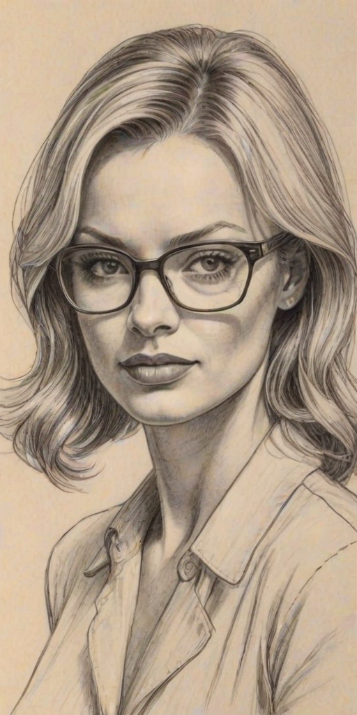Comely Jamie Pressly, pencil sketch, portrait of Superb woman 1943s in glasses, hair style beatnik, outline, clear lines, fine lines, 8k