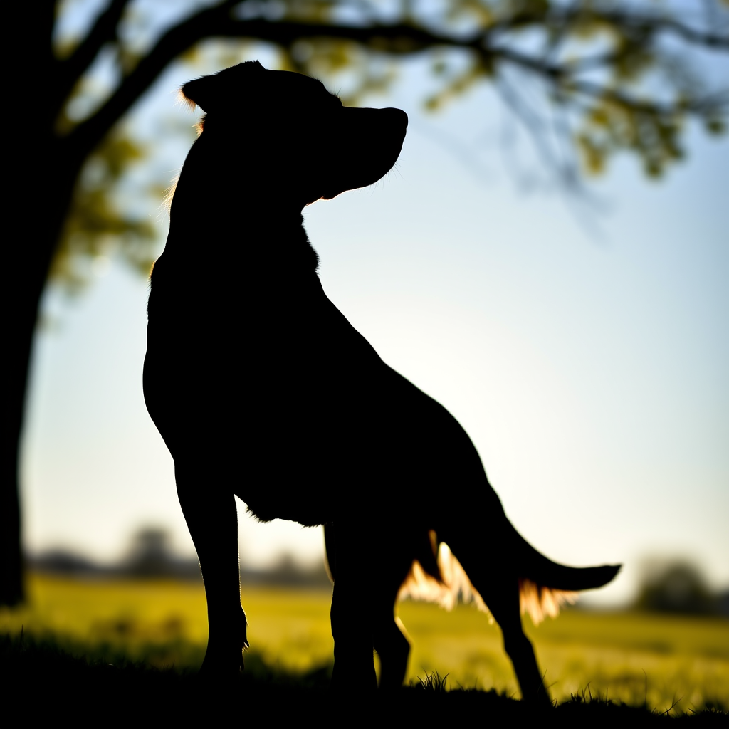 Create a high-resolution silhouette of a standing dog with detailed contours and smooth edges, using a DSLR camera with a 50mm lens, f/1.8 aperture, ISO 100, 1/200 shutter speed, shot from eye level in natural daylight.