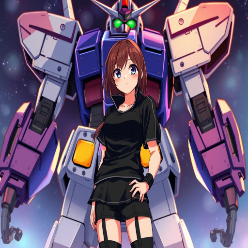 Create an anime-style illustration featuring a young woman in a black outfit standing confidently in front of a large robot, with vibrant colors and intricate details, shot with a DSLR camera at f/2.8 aperture, 50mm lens, with a shallow depth of field to enhance the subject and a soft focus background.