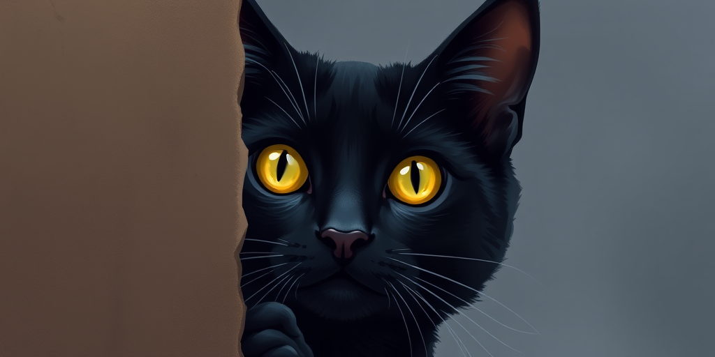 Create a high-resolution illustration of a black cat peeking from behind a wall with vibrant yellow eyes, using a Canon EOS R5, 50mm f/1.2 lens, at ISO 100, aperture f/2.8, and a soft focus background for enhanced depth.