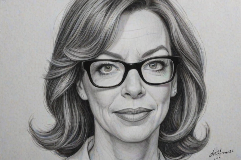 Resplendent Allison Janney, pencil sketch, portrait of Bewitching woman 1961s in glasses, hair style beatnik, outline, clear lines, fine lines, 8k