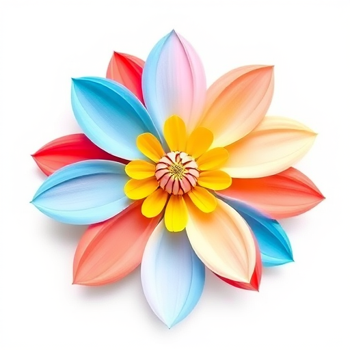 Create a vibrant digital illustration of a stylized flower with various shades of blue, light pink, yellow, and red petals, set against a clean white background, using a 50mm f/1.8 lens, in a bright natural light setting, with a composition that centers the flower in an aerial perspective for clarity and detail.