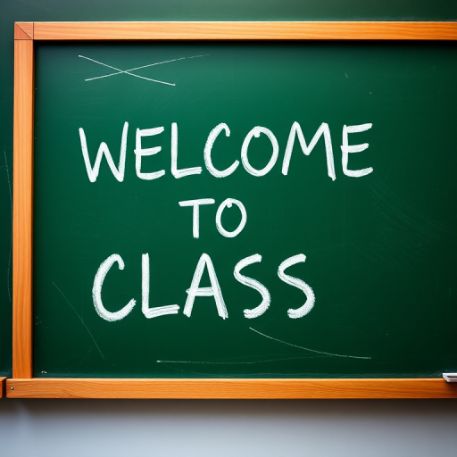 Create an image of a green chalkboard with the text "WELCOME TO CLASS" written in a friendly font, captured with a DSLR camera at f/4 aperture, ISO 200, 50mm lens, with a slight overhead angle for depth and clarity.