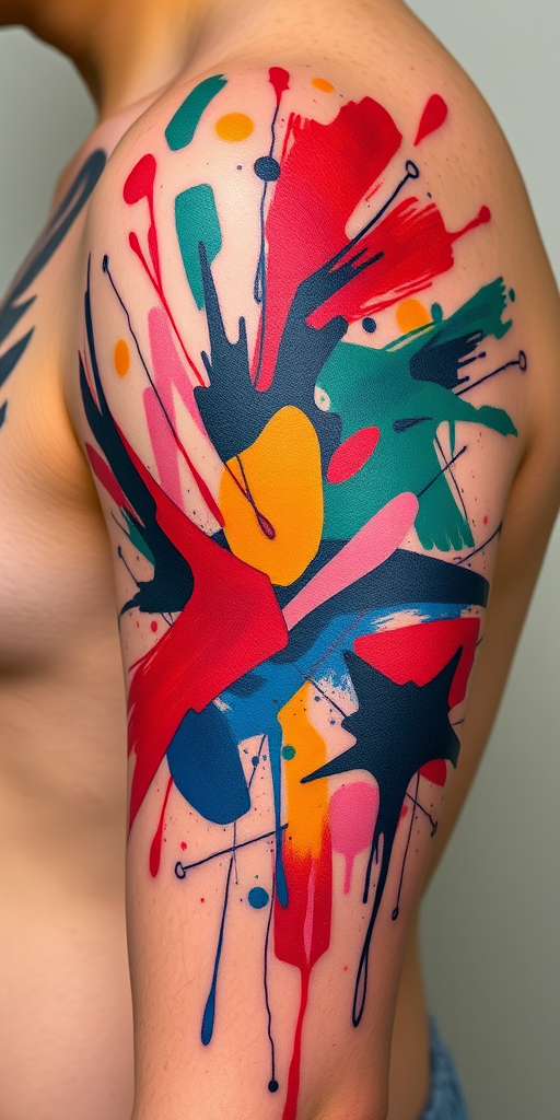 Abstract expressionist tattoo titled "Emotional Turbulence" featuring bold, gestural brushstrokes and splashes of vibrant colors that seem to dance across the skin, conveying raw emotion and energy in a non-representational style